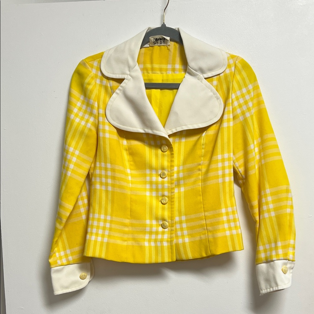 Saba California 60s Vintage Yellow White Plaid Large Collar Blazer Jacket Small